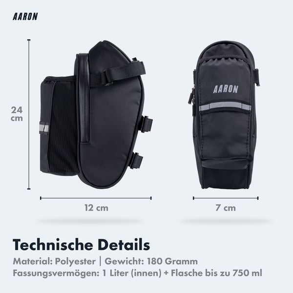 AARON Fahrrad Satteltasche Schwarz mit Flaschenhalter, Reflektor, 1 Liter Volumen, wasserabweisend, Polyester