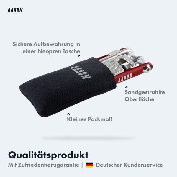AARON Tool 20 in 1 Multitool Fahrrad Multifunktionswerkzeug Rot mit Neopren-Tasche und sandgestrahlter Oberfläche.