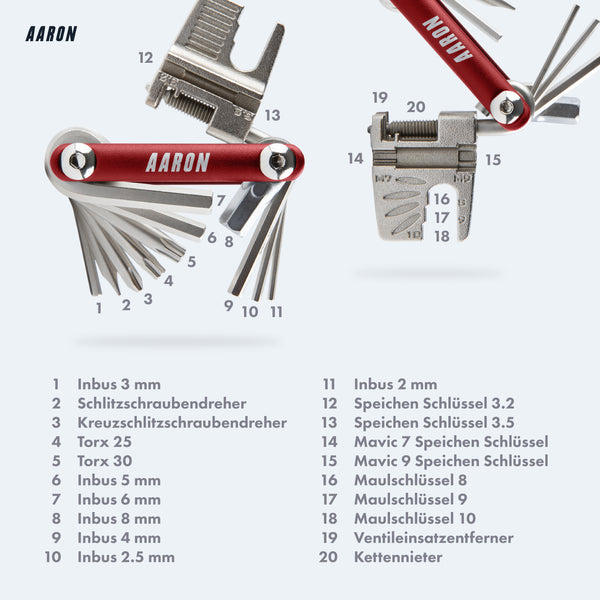 AARON Tool 20 in 1 Multitool - Fahrrad Multifunktionswerkzeug in Rot mit vielfältigen Inbus- und Speichenschlüsseln.