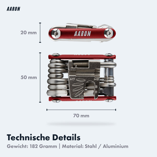 AARON Tool 20 in 1 Multitool - rotes Fahrrad Multifunktionswerkzeug mit Stahl und Aluminium, Maße 70x50x20 mm.