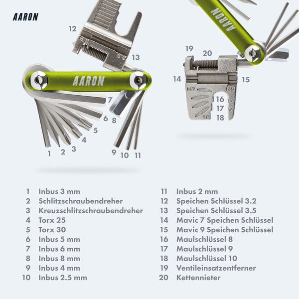 AARON Tool 20 in 1 Multitool - Fahrrad Multifunktionswerkzeug grün mit Inbusschlüsseln und Speichenschlüsseln.