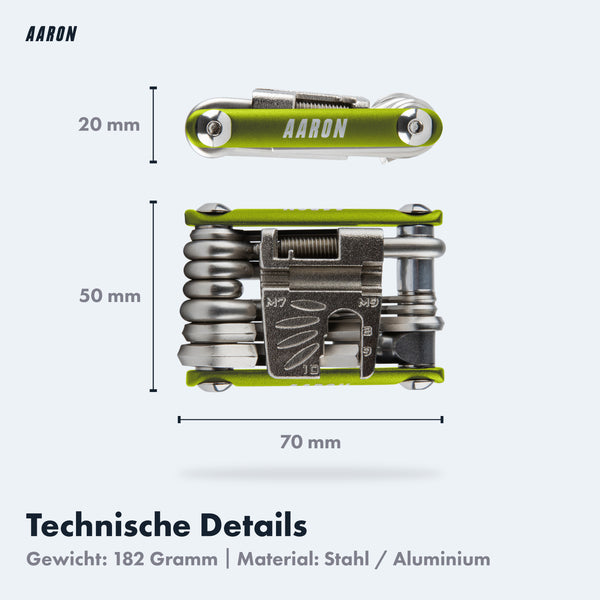AARON Tool 20 in 1 Multitool - Fahrrad Multifunktionswerkzeug in grün mit Maßen 70x50x20 mm aus Stahl und Aluminium
