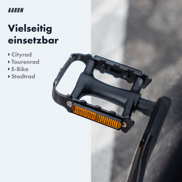 AARON Tour Fahrradpedale mit Reflektoren - Aluminium - Schwarz, vielseitig einsetzbar für Cityrad, E-Bike und Tourenrad.