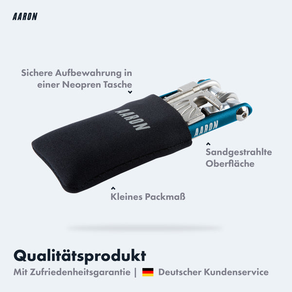 AARON Tool 20 in 1 Multitool Fahrrad Multifunktionswerkzeug Blau mit Neopren Tasche und sandgestrahlter Oberfläche