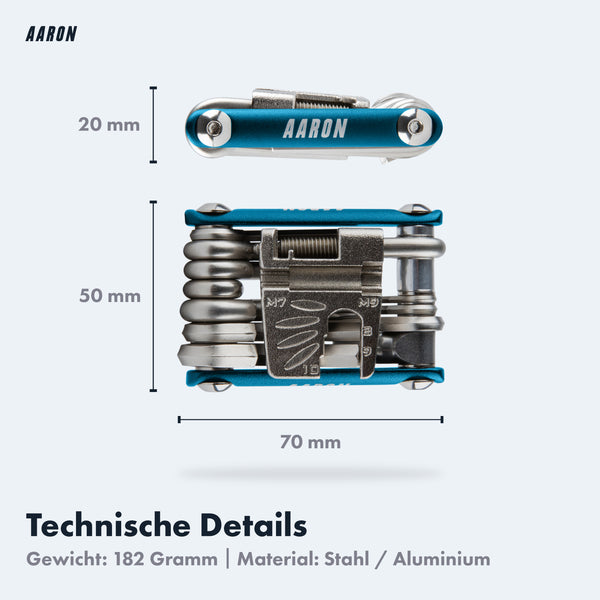 AARON Tool 20 in 1 Multitool - Fahrrad Multifunktionswerkzeug - Blau mit Maßen und technische Details aus Stahl und Aluminium.