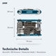 AARON Tool 20 in 1 Multitool - Fahrrad Multifunktionswerkzeug - Blau mit Maßen und technische Details aus Stahl und Aluminium.
