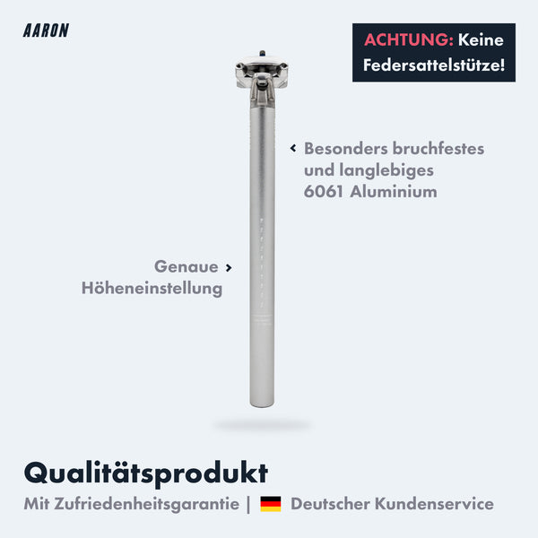 AARON Post Sattelstütze 27,2 30,9 31,6 mm aus langlebigem 6061 Aluminium mit präziser Höheneinstellung, silberfarben, 350 mm Länge.
