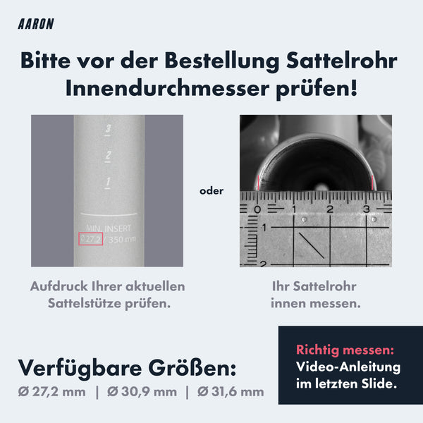 AARON Post Sattelstütze 27,2 30,9 31,6 mm mit Skala zur genauen Messung des Sattelrohr-Innendurchmessers vor Bestellung.
