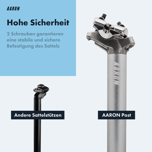 AARON Post Sattelstütze 27,2-31,6 mm, 350mm Länge, Silber, zeigt sichere Doppel-Schraubenbefestigung für den Sattel.