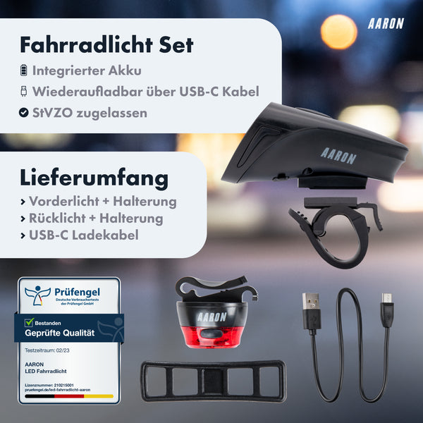 AARON LUX Pro Fahrradlicht Set mit integriertem Akku, USB-C Ladekabel, StVZO zugelassenes Front- und Rücklicht.