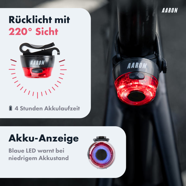 AARON LUX Pro Fahrradlicht Set mit StVZO zugelassenem Rücklicht und Akkuanzeige für erhöhte Sicherheit im Straßenverkehr.
