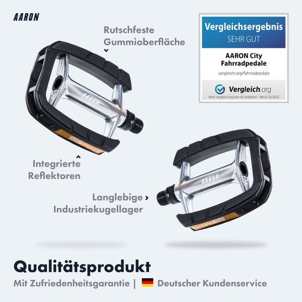 AARON City Fahrradpedale mit rutschfester Gummioberfläche, Industrie-Kugellager und integrierten Reflektoren, silber-schwarz.
