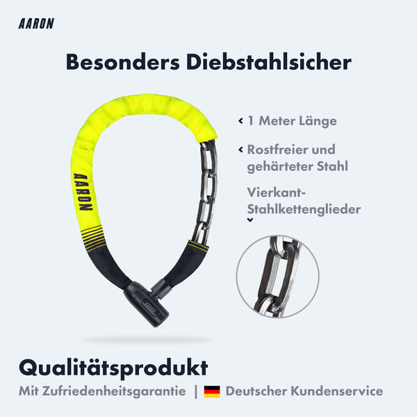 AARON Lock One Fahrradschloss mit Schlüssel in Gelb, 1 Meter, gehärteter Vierkant-Stahl, besonders diebstahlsicher