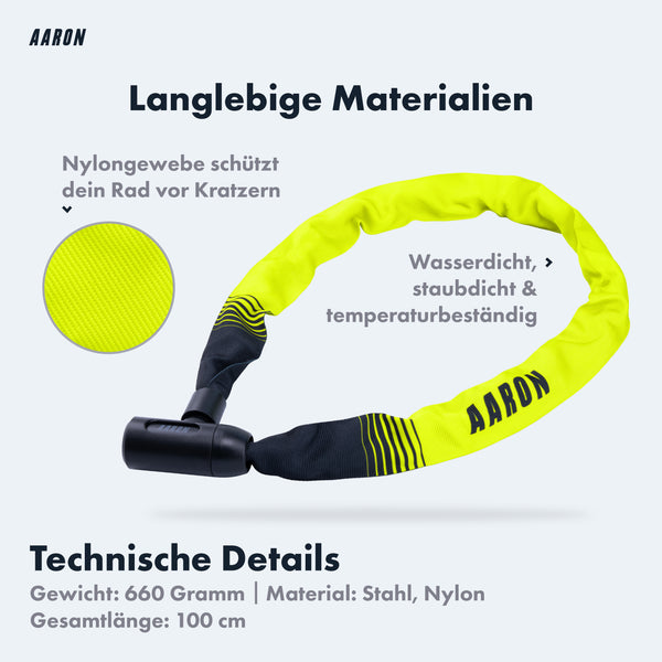 AARON Lock One Fahrradschloss mit Schlüssel - Gelb mit robustem, wasser- und staubdichtem Nylongewebe Schutz in 100 cm Länge.