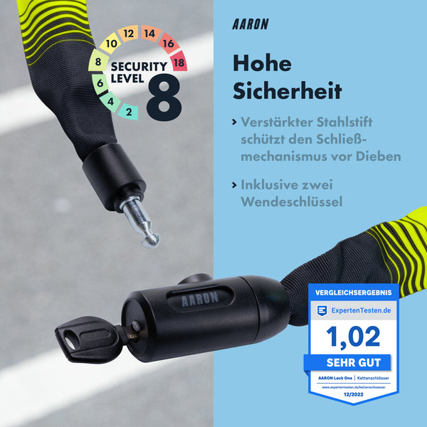 AARON Lock One Fahrradschloss mit Schlüssel - Gelb zeigt Schließmechanismus mit zwei Wendeschlüsseln und Sicherheitsstufe 8.