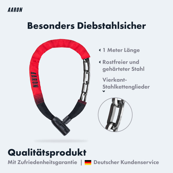 AARON Lock One Fahrradschloss mit Schlüssel - Rot, 1 Meter lang, rostfreier Vierkant-Stahl, besonders diebstahlsicher.