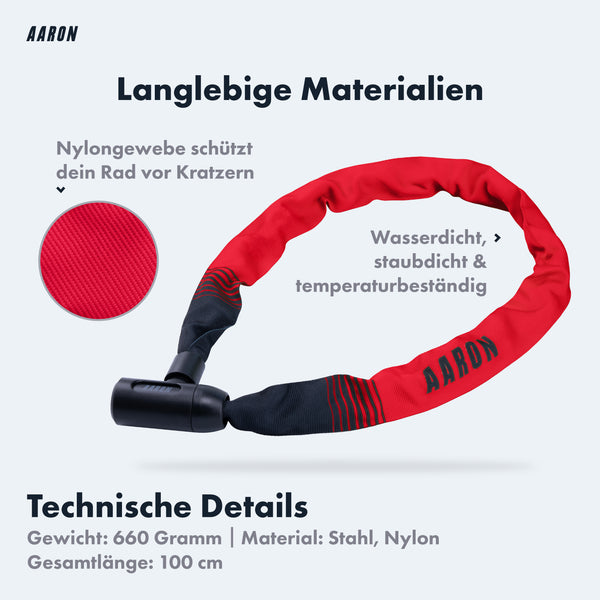 AARON Lock One Fahrradschloss mit Schlüssel - rotes Kettenschloss mit Nylonhülle, langlebig und kratzfest, 100 cm lang.