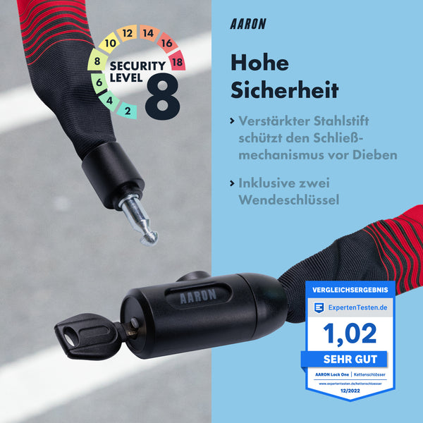 AARON Lock One Fahrradschloss mit Schlüssel - Rot, Stahlstift schützt Schließmechanismus, inklusive zwei Wendeschlüssel, Sicherheit Level 8.