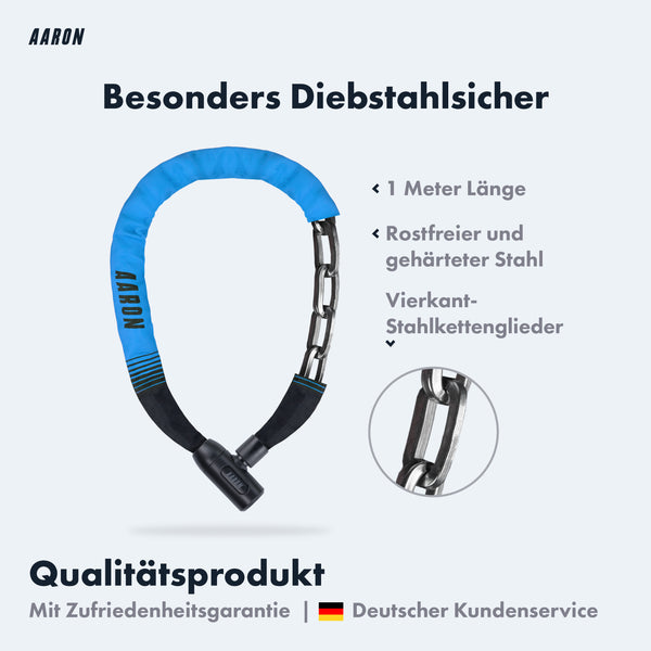 AARON Lock One Fahrradschloss mit Schlüssel in Blau, 1 Meter, rostfreier gehärteter Vierkant-Stahlkette, besonders diebstahlsicher.