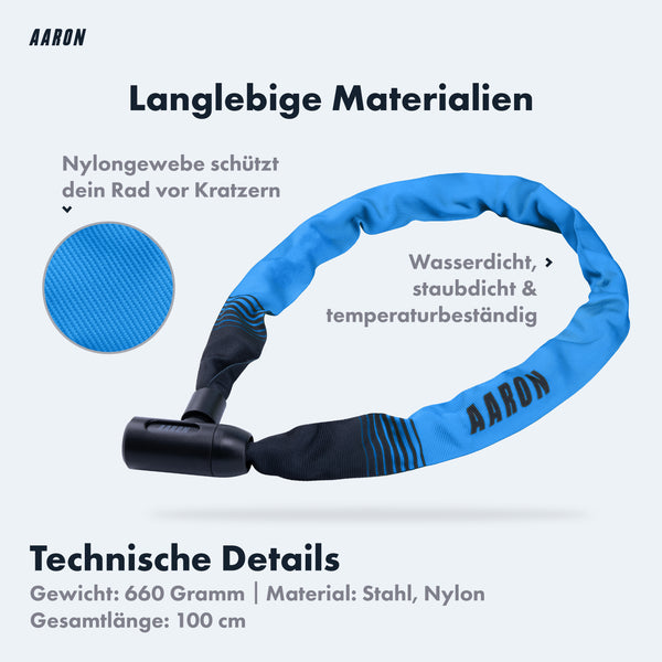 AARON Lock One Fahrradschloss mit Schlüssel in Blau, robustes Kettenschloss aus Stahl und Nylon, 100 cm lang.