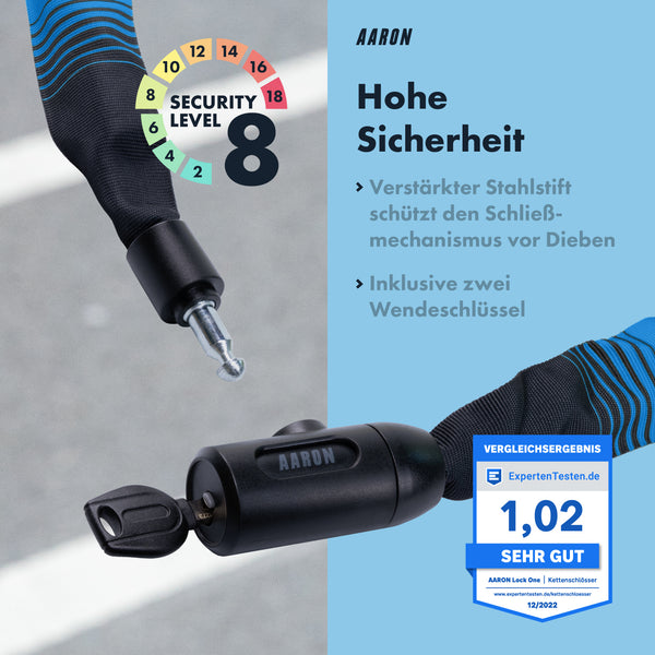 AARON Lock One Fahrradschloss mit Schlüssel in Blau mit hoher Sicherheit und verstärktem Stahlstift gegen Diebstahl.