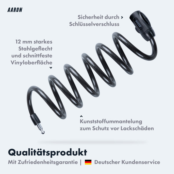 AARON Spin Fahrradschloss mit Schlüssel - 180 cm, robustes 12 mm Stahlseil, Vinyloberfläche, Kunststoffummantelung, hoher Diebstahlschutz