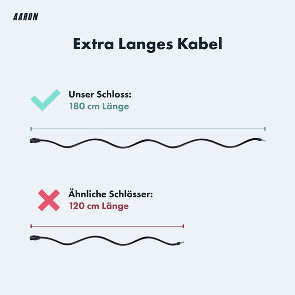AARON Spin Fahrradschloss mit Schlüssel - extra langes 180 cm Kabel im Vergleich zu 120 cm Konkurrenzschloss