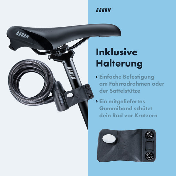 AARON Spin Fahrradschloss mit Schlüssel - 180 cm mit Halterung für einfache Montage am Fahrradrahmen oder Sattelstütze