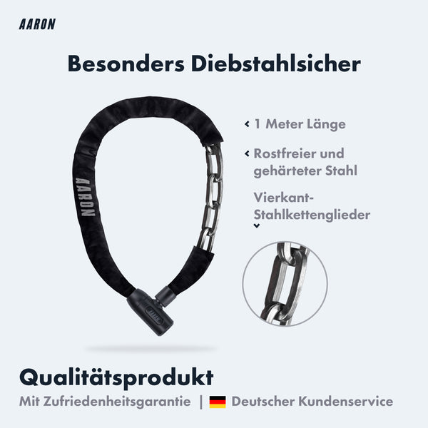 AARON Lock One Fahrradschloss mit Schlüssel - Schwarz, 1 Meter, gehärteter Stahl, besonders diebstahlsicher und kratzfest.