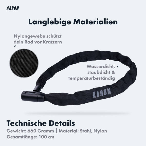 AARON Lock One Fahrradschloss mit Schlüssel - Schwarz, Stahlkette mit Nylonhülle, 100 cm, kratzfest, wasser- und staubdicht