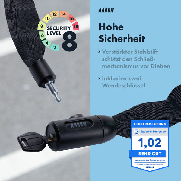 AARON Lock One Fahrradschloss mit Schlüssel - Schwarz, Kettenschloss mit hoher Sicherheit und verstärktem Stahlstift.