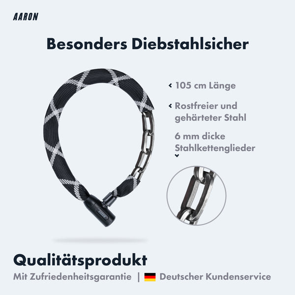 AARON Cobra Fahrradschloss mit Schlüssel, 105cm, robustes Kettenschloss aus gehärtetem Stahl mit Schutzüberzug