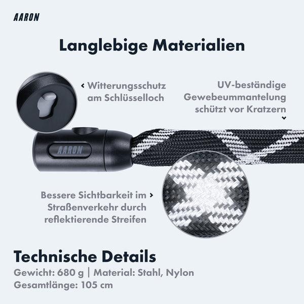 AARON Cobra Fahrradschloss mit Schlüssel, 105cm aus langlebigen Materialien mit UV-Schutz und reflektierenden Streifen