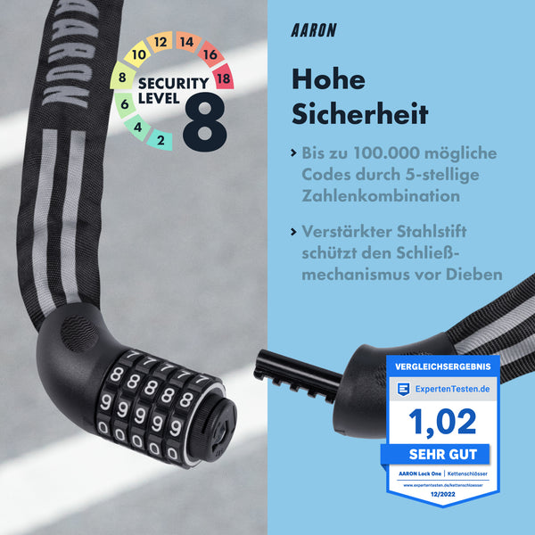 AARON Reflect Fahrradschloss mit Zahlencode 120 cm lang, 5-stellige Kombination, hohe Sicherheit, reflektierend, Stahlkette