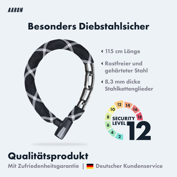 AARON Tank Fahrradschloss mit Schlüssel, 115cm, rostfreier Stahl, 8,3 mm dicke Kettenglieder, besonders diebstahlsicher.