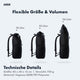 Größenvergleich des AARON Rolltop Rucksack für Damen und Herren - Schwarz mit 18, 22 und 26 Litern Volumen
