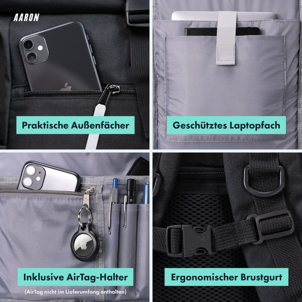 AARON Rolltop Rucksack für Damen und Herren - Schwarz mit Außenfächern und Laptopfach sowie AirTag-Halter und Brustgurt