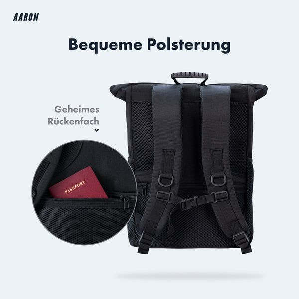 AARON Rolltop Rucksack für Damen und Herren - Schwarz mit bequemer Rückenpolsterung und geheimem Rückenfach
