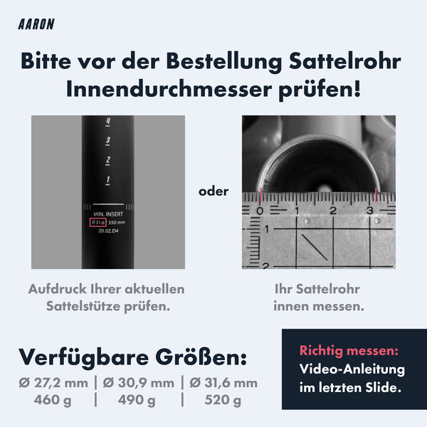 AARON Shock Federsattelstütze mit 27,2, 30,9 oder 31,6 mm Durchmesser in Schwarz zur passenden Sattelrohrmessung.