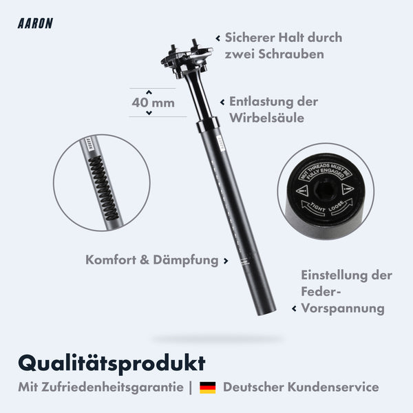 AARON Shock Federsattelstütze mit 27,2, 30,9 oder 31,6 mm Durchmesser für komfortable Federung und Entlastung der Wirbelsäule.
