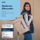Frau trägt AARON UNI Rolltop Rucksack Beige, vielseitig für Arbeit, Schule, Sport und Reisen, nachhaltiges Material.