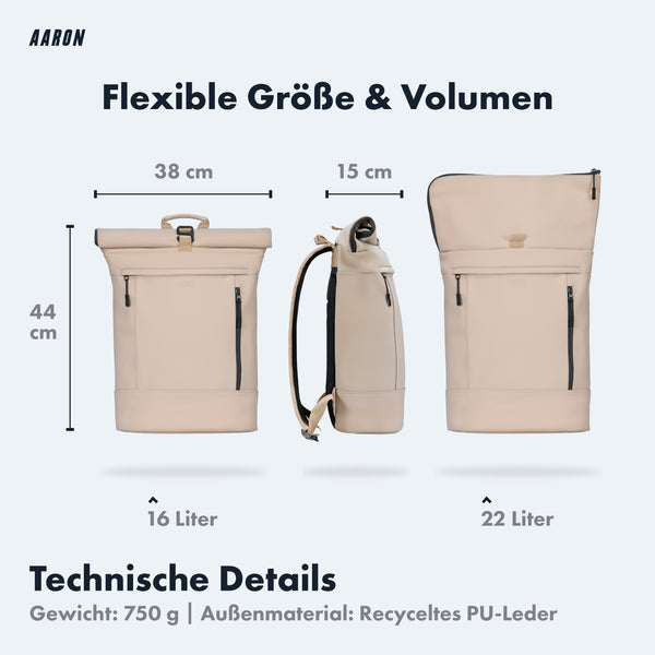 Abbildung des AARON UNI Rolltop Rucksack Beige mit flexibler Größe und Volumen von 16-22 Litern aus recyceltem PU-Leder.