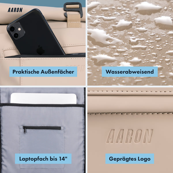 AARON UNI Rolltop Rucksack Beige mit wasserabweisendem Material, praktischem Laptopfach und geprägtem Logo in Beige.