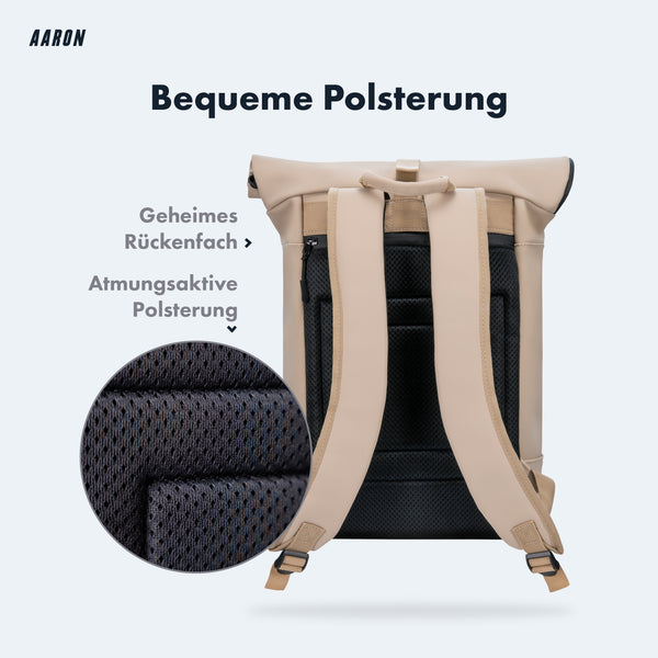 AARON UNI Rolltop Rucksack Beige mit bequemer, atmungsaktiver Polsterung und geheimem Rückenfach für vielseitigen Einsatz.