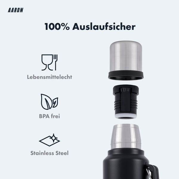 AARON Flask Thermoskanne, 24h heiß & kalt, schwarz, auslaufsicher, BPA frei, lebensmittelecht, Edelstahl, mit abnehmbarem Deckel und Verschluss.