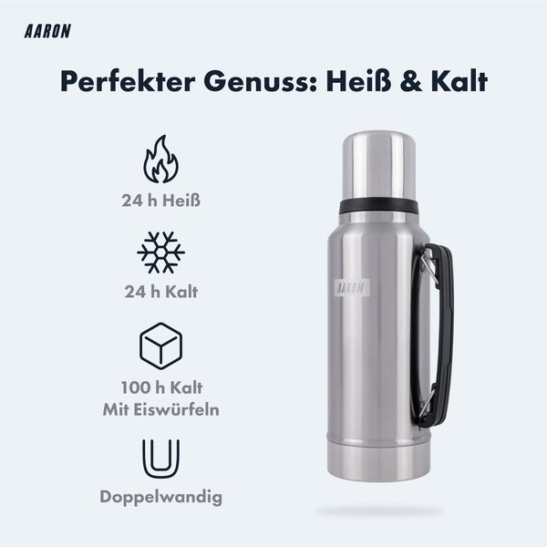 AARON Flask Thermoskanne, 24h heiß & kalt, doppelwandig, 1 Liter, silberner Edelstahl, mit flexiblem Tragegriff