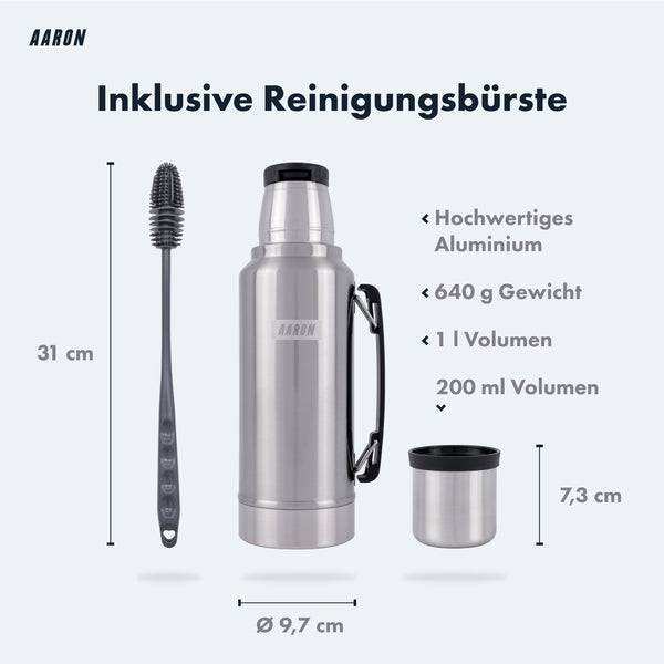 AARON Flask Thermoskanne, 24h heiß & kalt, Silber mit Reinigungsbürste, 1 Liter, hochwertiges Aluminium, auslaufsicher und robust.