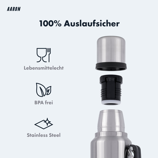 AARON Flask Thermoskanne, 24h heiß & kalt, zeigt auslaufsicheren Edelstahl mit BPA-freiem, lebensmittelechtem Verschluss.