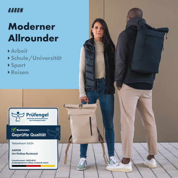AARON UNI Rolltop Rucksack Schwarz, moderner Allrounder für Arbeit, Schule, Sport und Reisen.