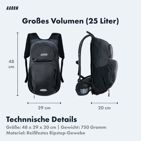 AARON 25L Fahrradrucksack schwarz mit 25 Liter Volumen aus reißfestem Ripstop-Gewebe, Maße 48x29x20 cm.